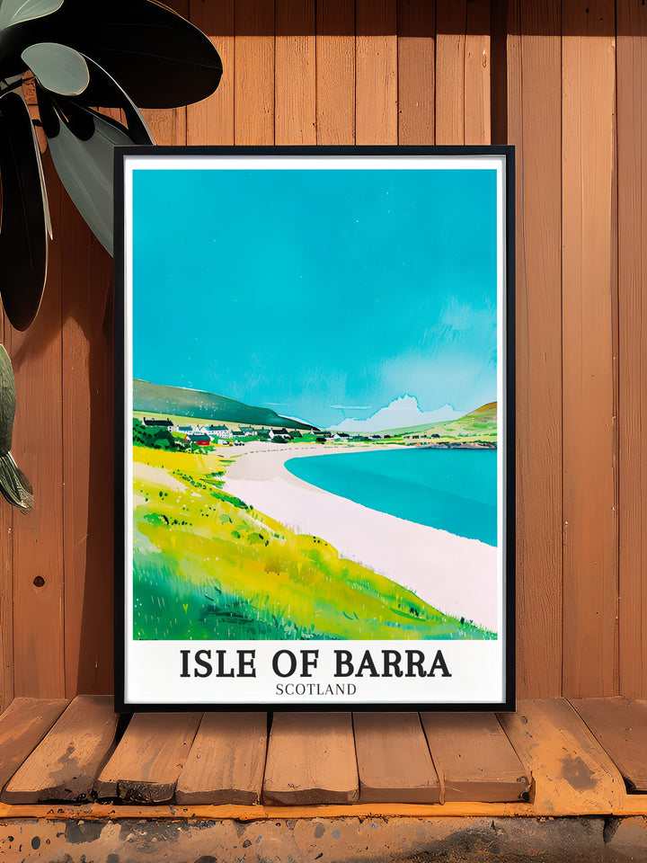 The Isle of Barras Traigh Mhor Beach is a place of serene beauty, and this travel print captures its essence. Perfect for anyone looking to add coastal charm to their home, this poster showcases the breathtaking landscapes of Scotlands Hebrides. Its a great gift for those who love travel art.