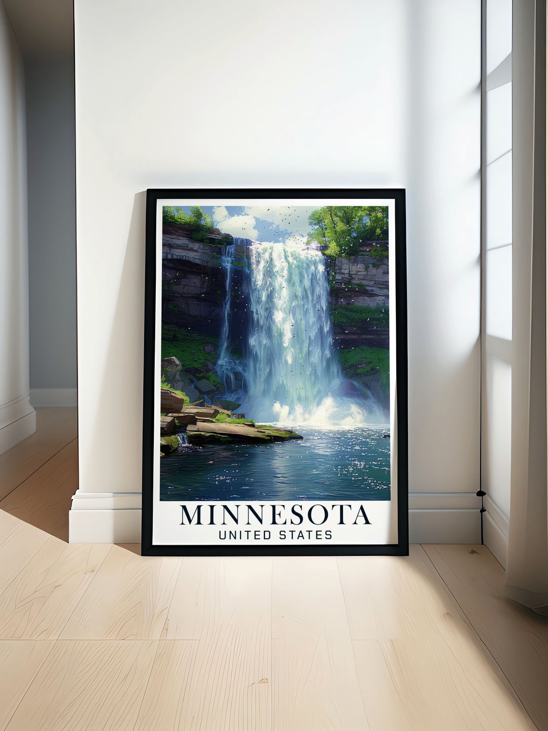 Minnesota Print featuring the serene beauty of Minnehaha Falls perfect for adding a touch of Minnesota Wall Art to your home showcasing the majestic waterfall and peaceful landscapes of this beloved natural attraction.