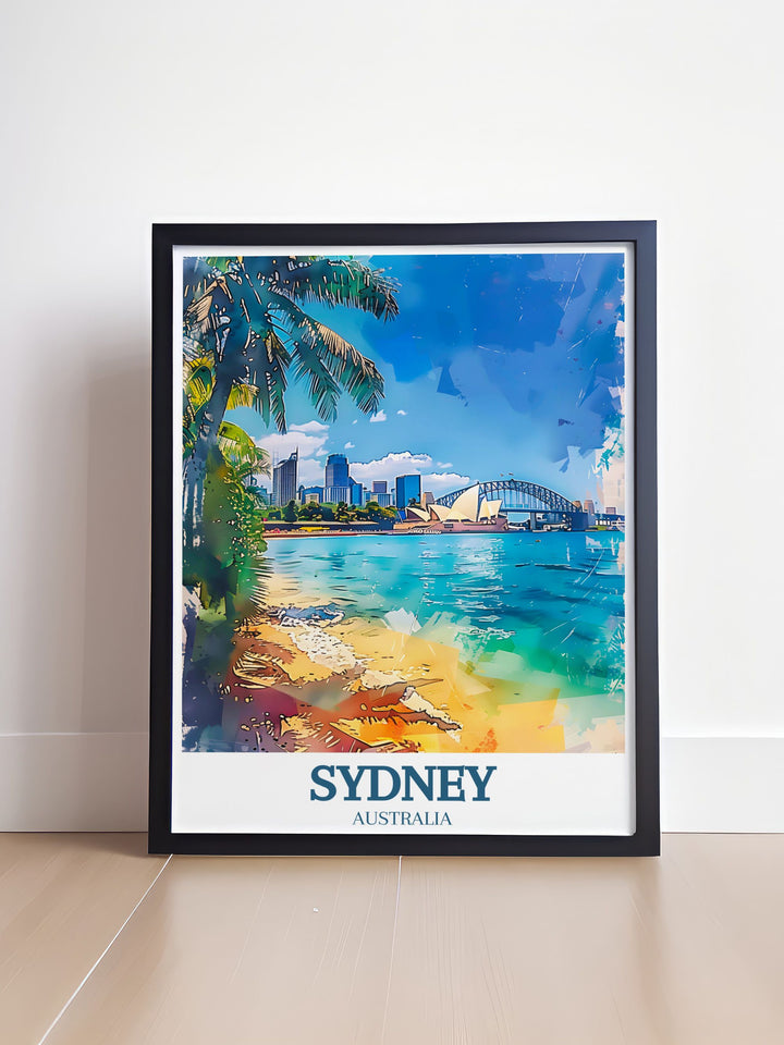Sydney Opera House and Sydney Harbour Bridge wall art in a beautifully detailed vintage travel print perfect for adding a touch of Australian elegance to your home or as a special gift for art and travel lovers