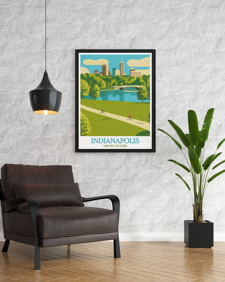 Indianapolis White River State Park art print featuring the citys skyline and bridges. Perfect for home decor and as a unique gift. This print captures the essence of Indianapolis, blending natural beauty with urban sophistication.