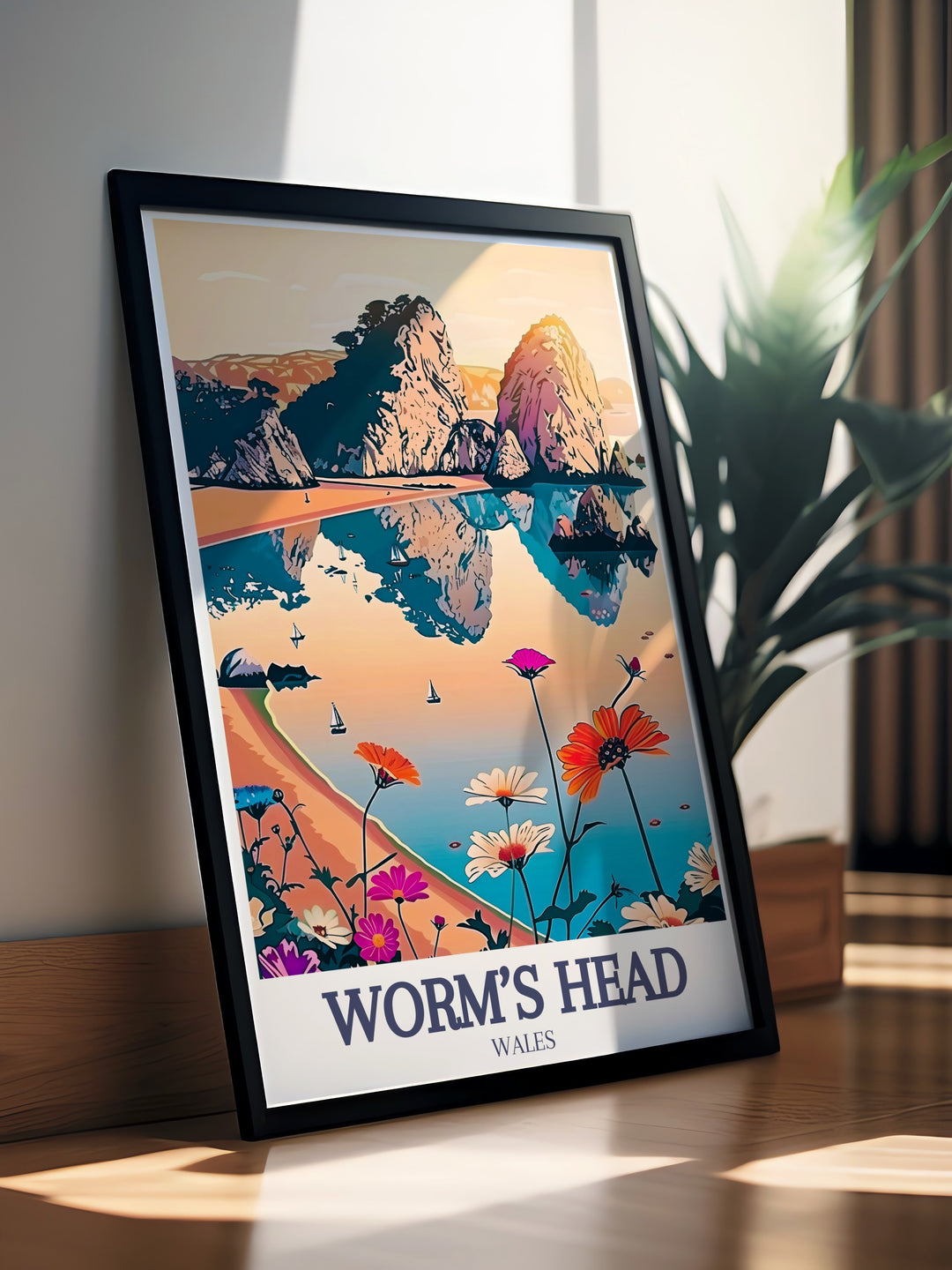 Worms Head Travel Print offers a peaceful and scenic view of Wales coastal beauty, featuring Worms Head and Three Cliffs Bay. This wall art is perfect for bringing the serene charm of the UKs landscapes into your home or as a thoughtful travel gift.