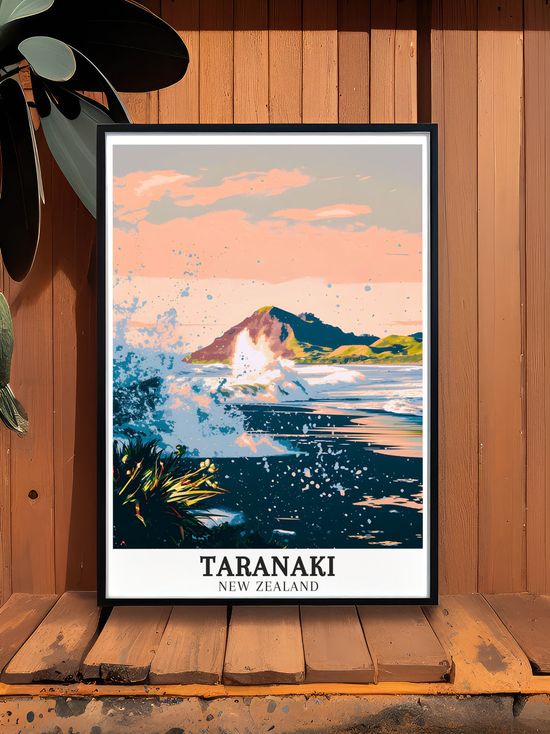 Elegant Back Beach New Plymouth modern print featuring the serene beauty of Taranaki art capturing the lush landscapes and coastal views ideal for sophisticated home decor