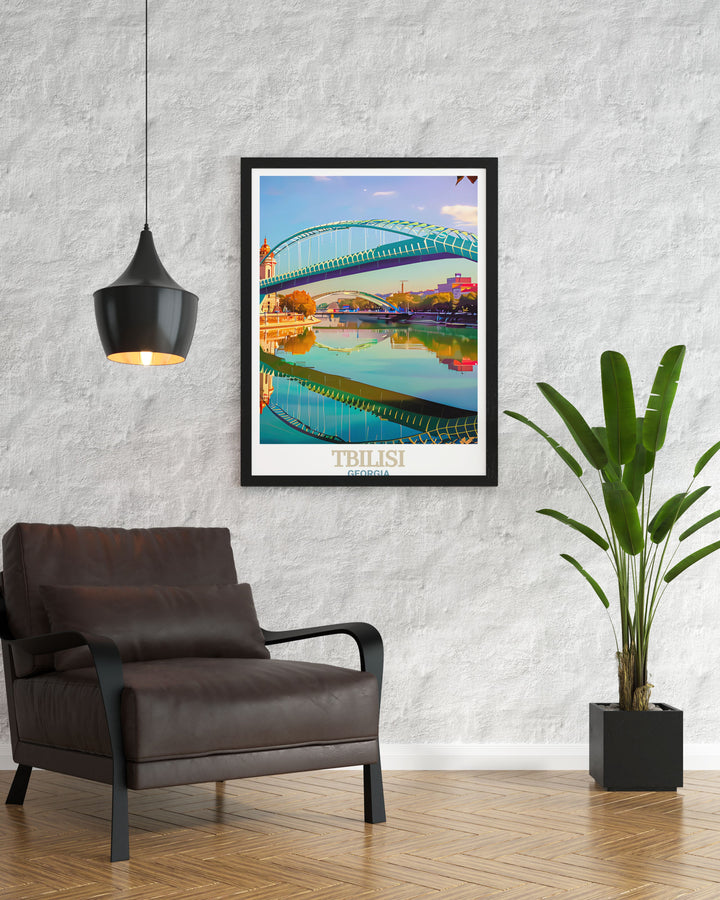 Add a touch of Georgian culture to your home with this Tbilisi Art Print showcasing the Bridge of Peace. Whether as a gift or for your own living room this modern print will inspire wanderlust and enhance the atmosphere of any space.