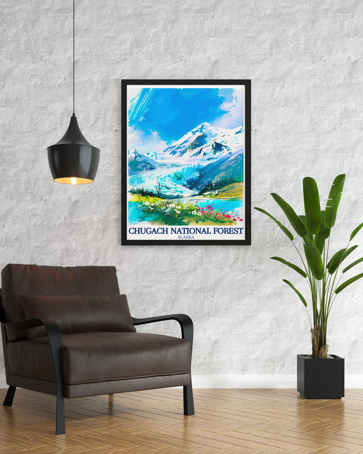 This Chugach National Forest poster captures the beauty of Alaskas wilderness, featuring the majestic Holgate Glacier and Kenai Fjords. A perfect wall art addition for nature lovers and travelers, this poster print brings the stunning landscapes of Alaska into your home.