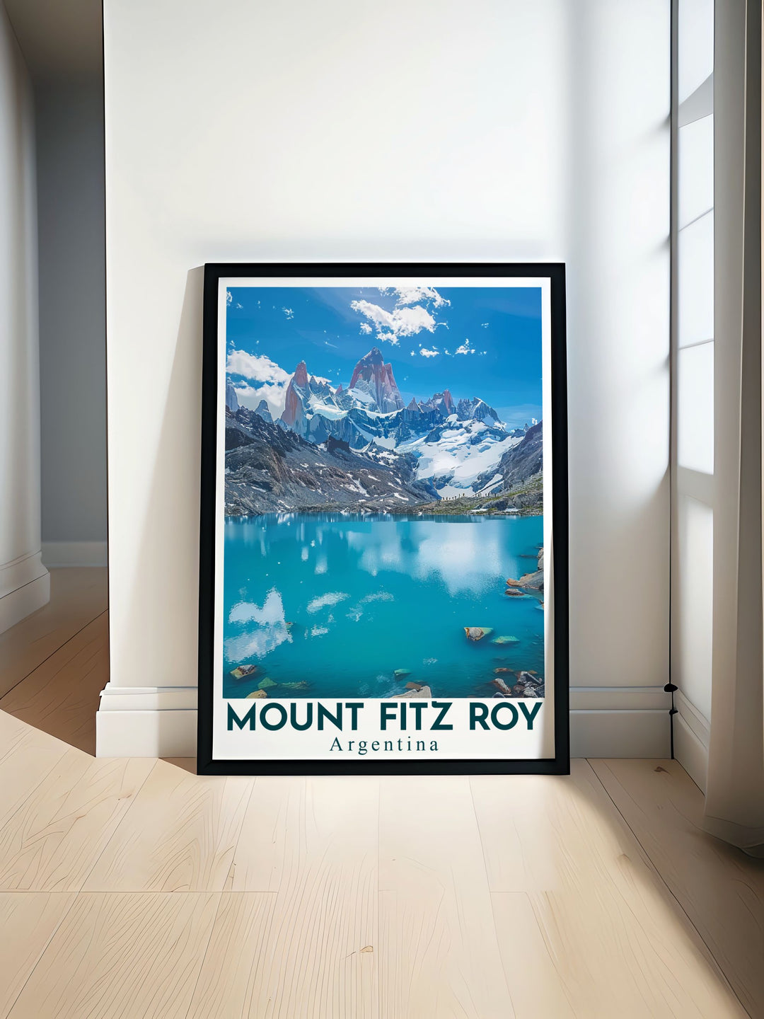 Beautiful Mt Fitz Roy and Laguna de los Tres Poster showcasing the majestic peaks of Patagonia perfect for modern decor and elegant home settings vibrant colors and intricate details bring the beauty of South America into your living space