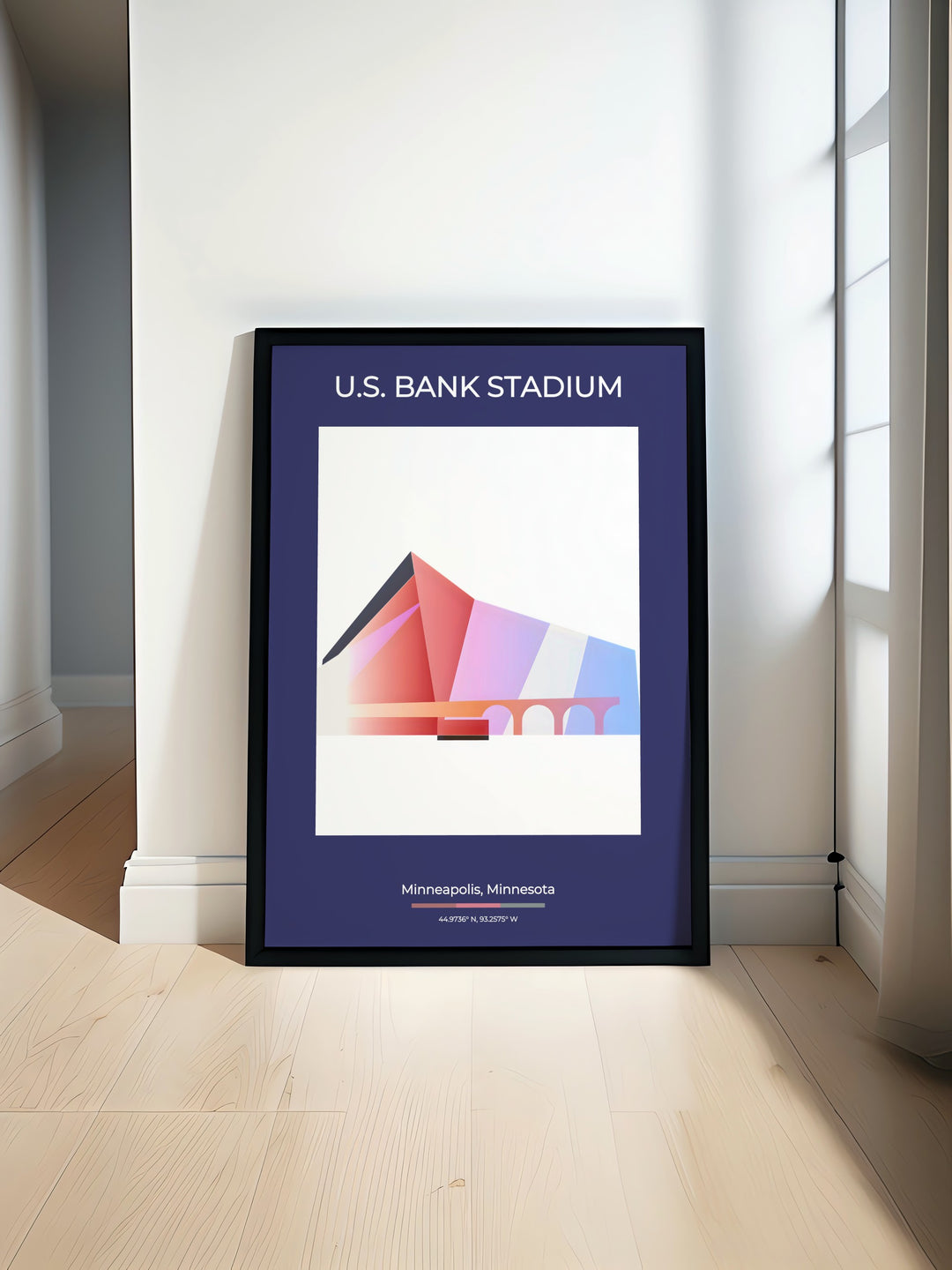 Minnesota Vikings artwork featuring a minimalist print of US Bank Stadium ideal for man cave wall art and perfect for sports fans to add vibrant energy to their space