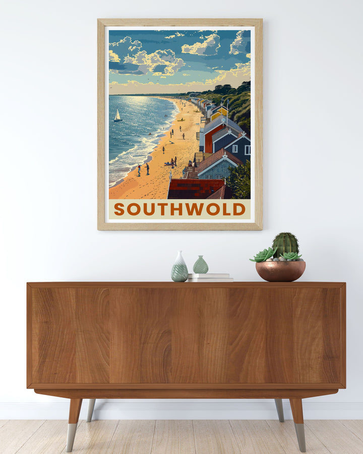 Retro Seaside Poster depicting the colorful beach and beach huts of Southwold along with the well known Southwold Lighthouse and pier an excellent choice for those who appreciate UK travel prints and coastal artwork