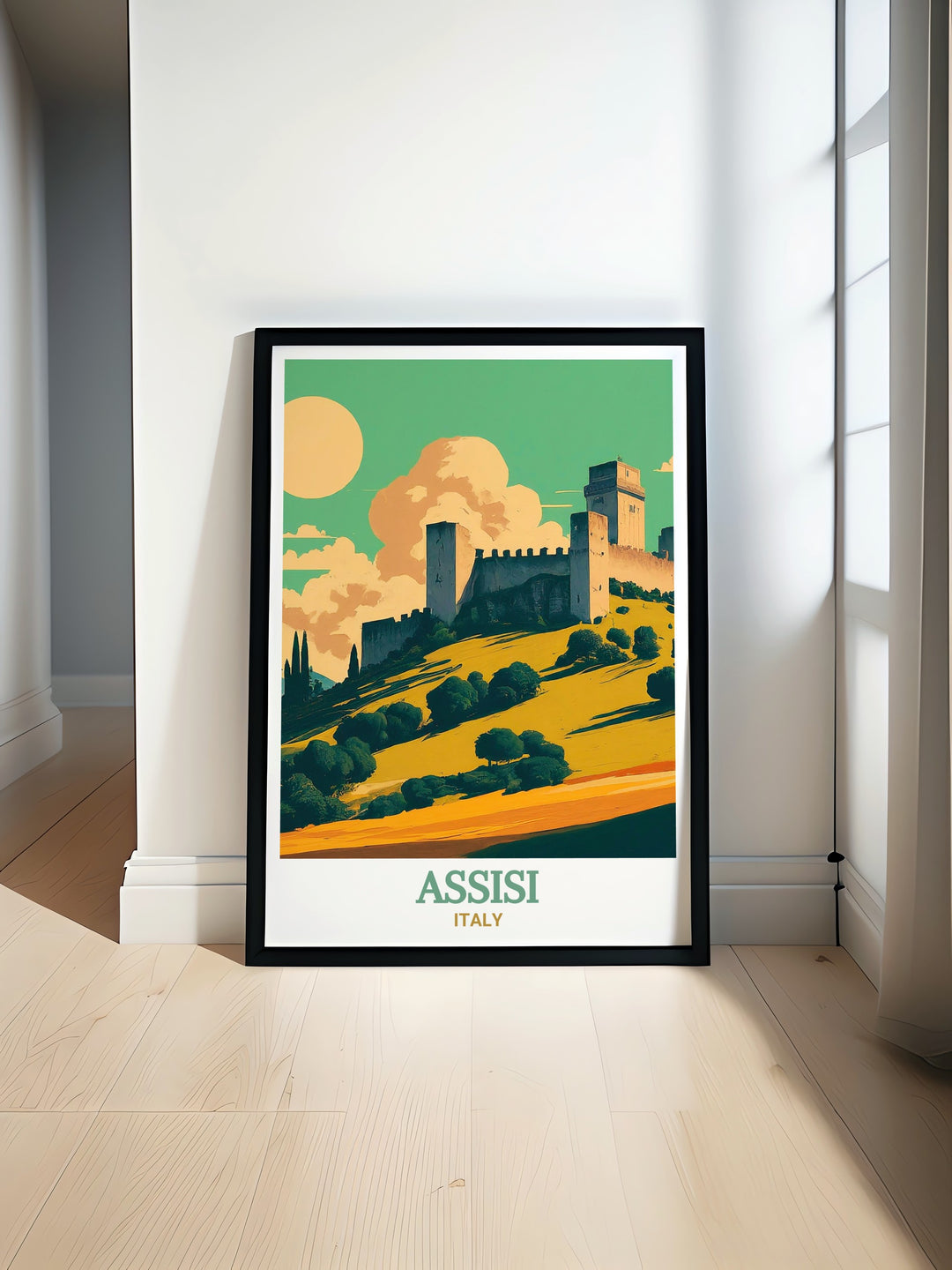 Beautiful Italy travel poster of Assisi, highlighting the imposing Rocca Maggiore. The artwork captures the intricate details of the fortresss design and the panoramic landscape it overlooks, making it an ideal piece for Italy art enthusiasts and history lovers