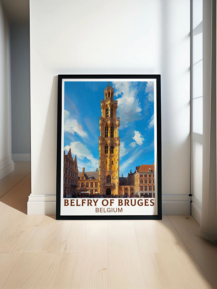 Beautiful Belgium travel art featuring the iconic Belfry of Bruges. This stunning artwork captures the intricate details and grandeur of the historic landmark, making it a perfect addition to any home decor or as a unique travel gift.