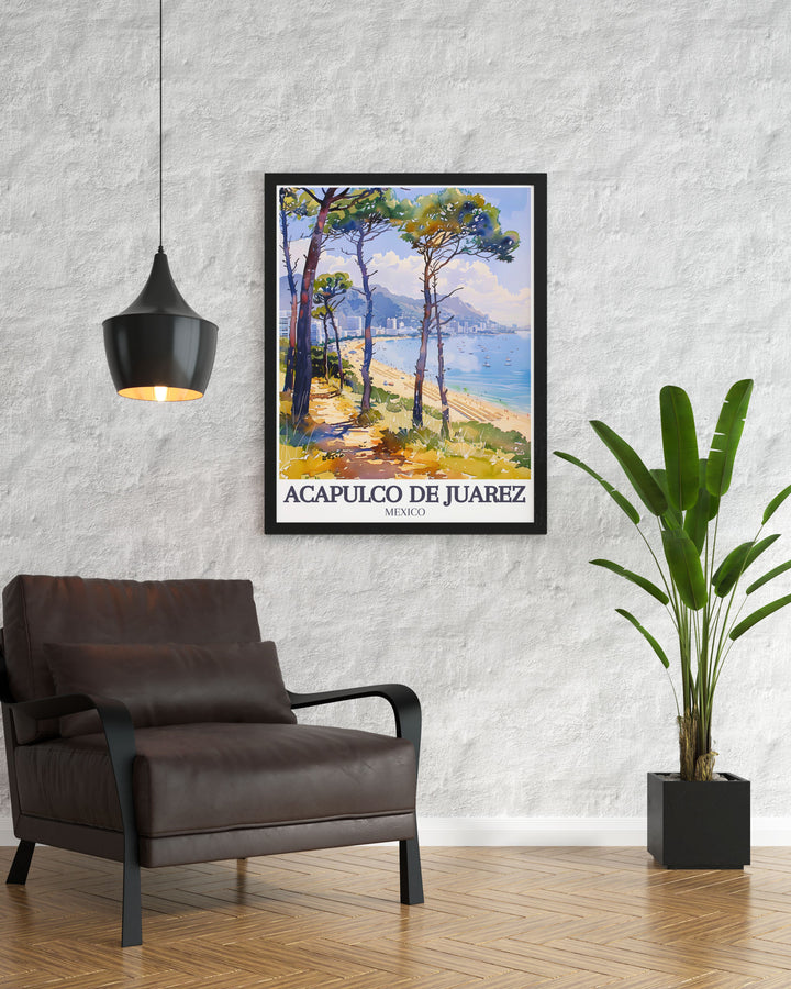 Discover the lively atmosphere and natural splendor of Playa Condesa in Acapulco de Juárez with this vibrant poster, celebrating Mexicos coastal gem.