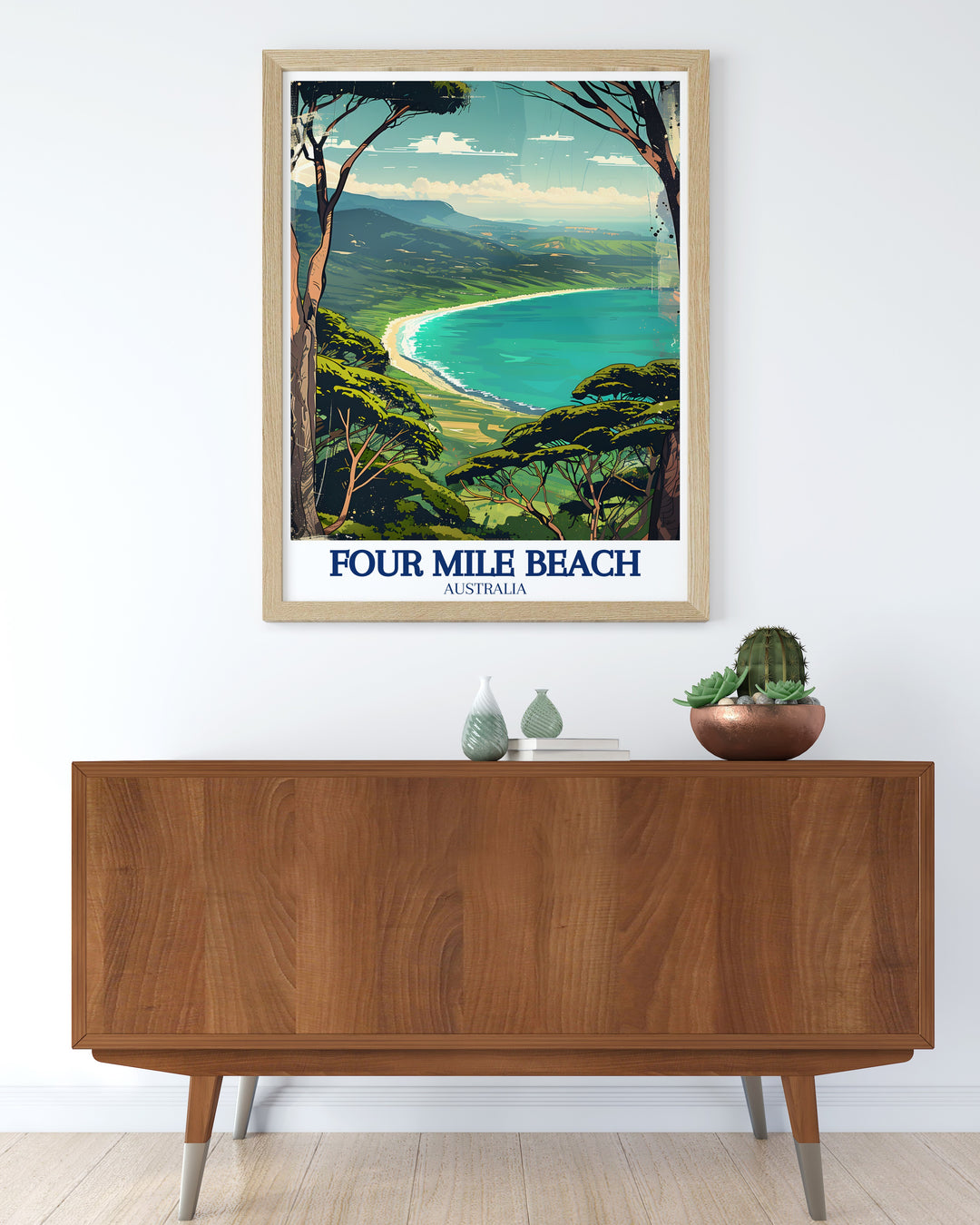 This Four Mile Beach travel print showcases the expansive shoreline and inviting waters of one of Australias most famous beaches. Perfect for adding a coastal touch to your home, this art piece is an ideal gift for travelers and beach lovers alike.