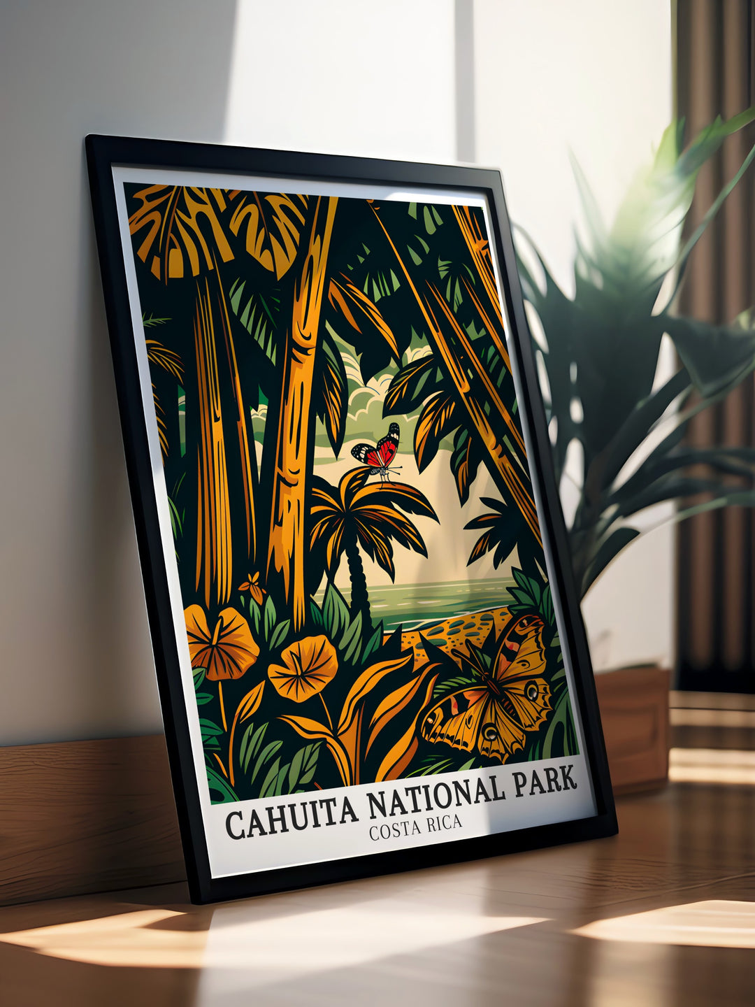 Cahuita Poster Print captures the stunning landscapes of Cahuita National Park, showcasing its lush tropical rainforests and pristine beaches along the Caribbean coast of Costa Rica. This travel print brings the natural beauty of Costa Ricas coastline into your home.