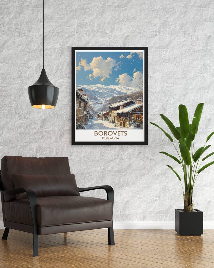 Travel poster of Borovets featuring detailed winter sports scenes perfect for decorating a home or office