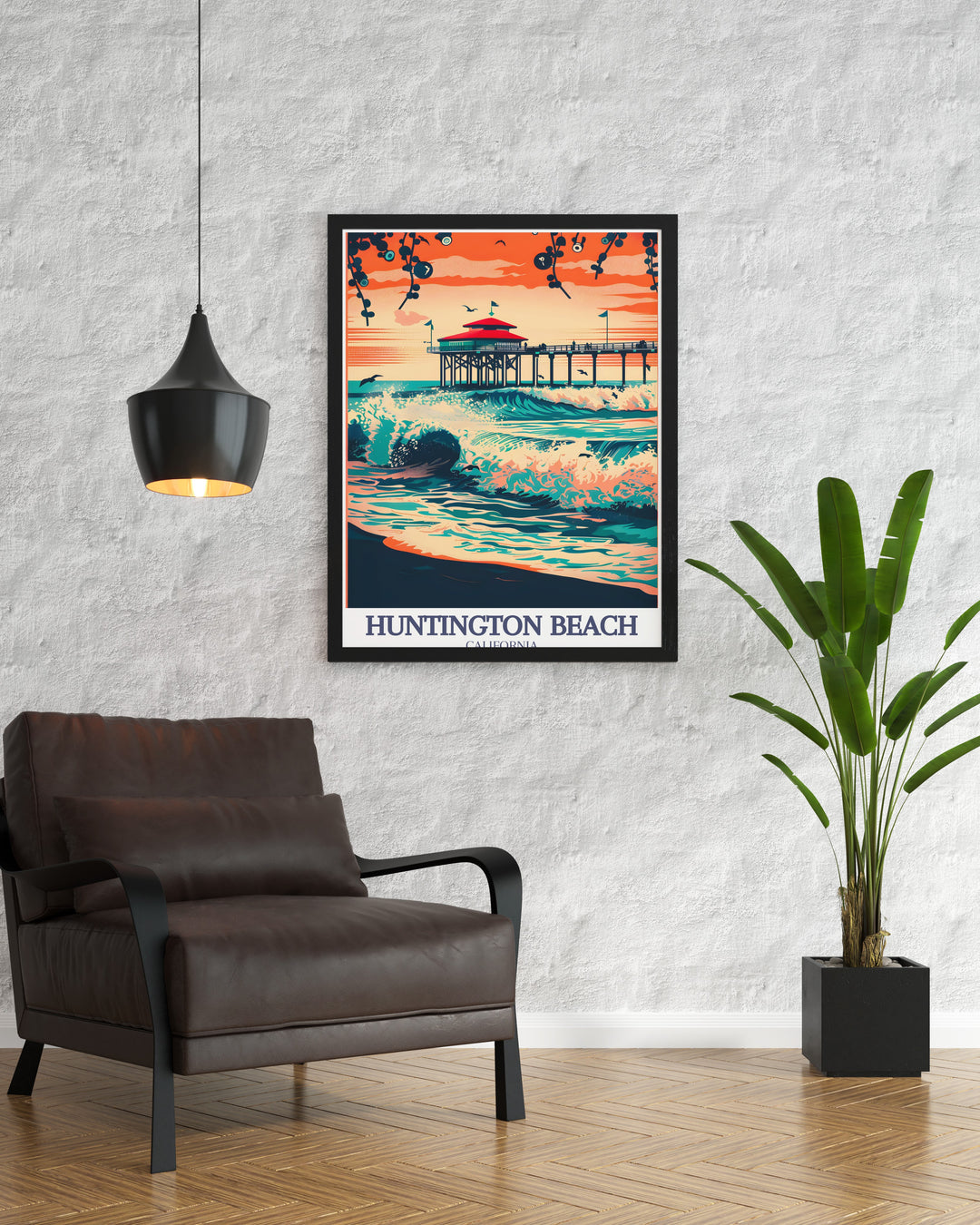 Huntington Beach travel poster featuring the iconic Huntington Beach Pier, stretching over the Pacific Ocean. This California artwork captures the coastal beauty and laid back vibes of a sunny day at Huntington Beach, perfect for any wall decor.