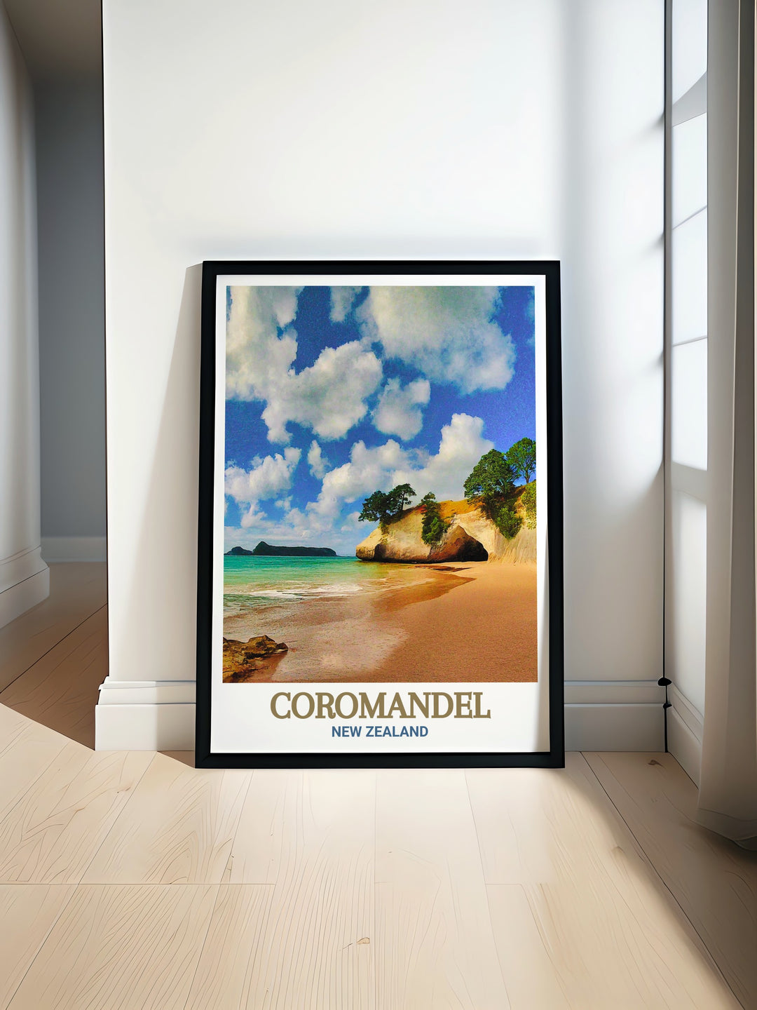 New Zealand wall print featuring Cathedral Cove, focusing on the unique rock formations and tranquil beach setting, ideal for nature lovers looking to bring the beauty of Coromandel into their homes.