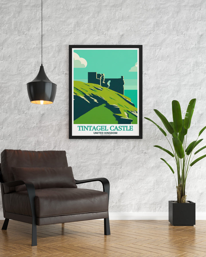 Tintagel Castle Travel Print featuring the iconic ruins of this medieval stronghold in Cornwall, UK. The print beautifully illustrates the castles connection to Arthurian legends and the stunning Cornish coast, making it an ideal addition to any art collection or home decor.