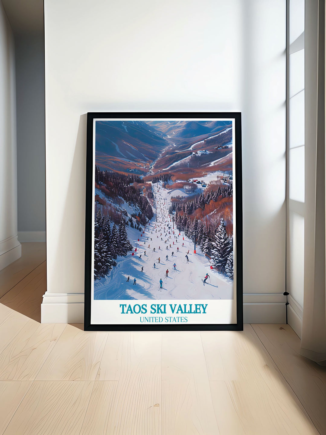 Embrace the winter wonderland of Taos with this travel poster, depicting the ski resorts breathtaking views and exhilarating trails.