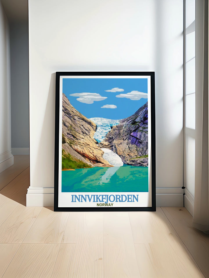 Stunning travel print of Briksdalsbreen Glacier showcasing the serene beauty of Norwegian Fjords with tranquil waters and majestic fjord cliffs in the Norway landscape