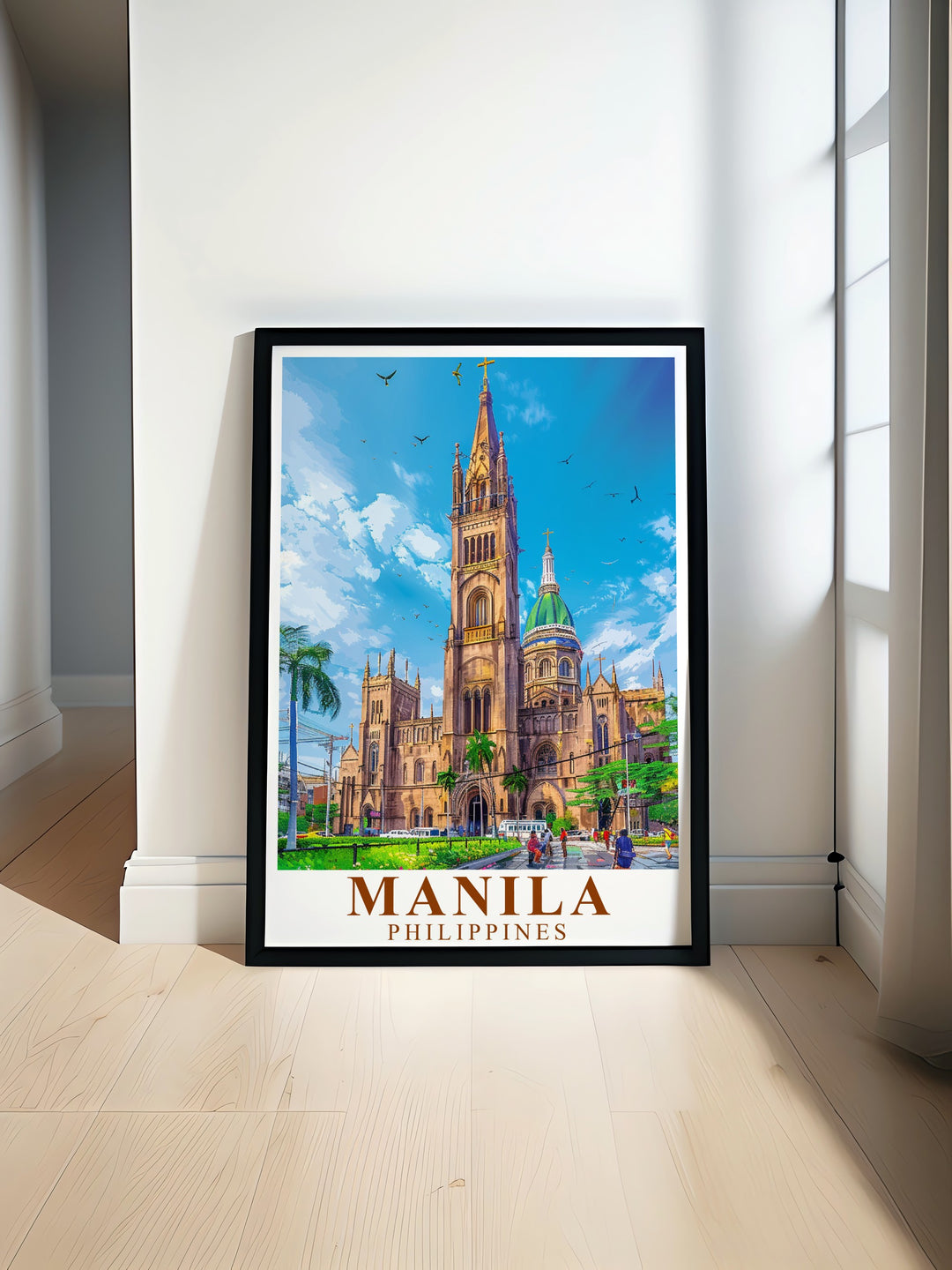 This Manila Poster Print captures the architectural splendor of Manila Cathedral and the colorful city life. Its a great addition to any room, adding a cultural touch that celebrates the beauty of the Philippines.