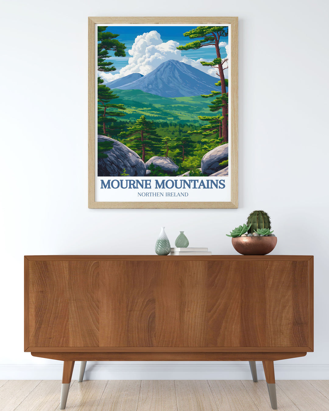 Showcasing both the rugged peaks and hidden valleys of the Mourne Mountains, this travel poster captures the unique blend of dramatic landscapes and serene retreats, perfect for enhancing your living space with natural charm.