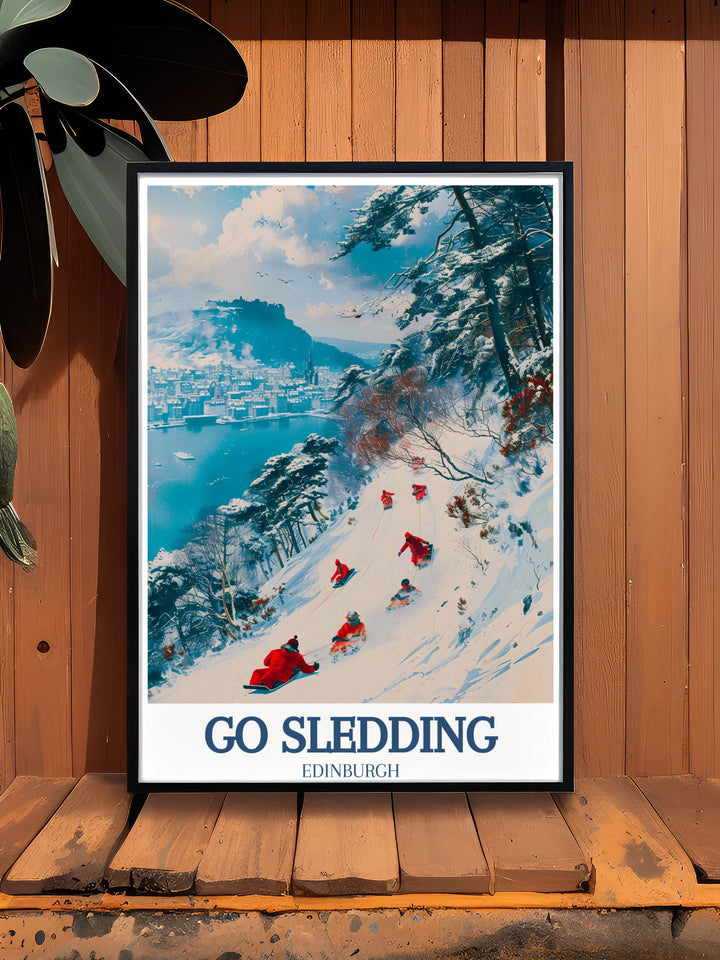 Experience the excitement of sledding down Arthurs Seat in Edinburgh with this Go Sledding Poster Print. Featuring a vintage design, this winter scene is perfect for outdoor enthusiasts who love the beauty and thrill of snow covered adventures.