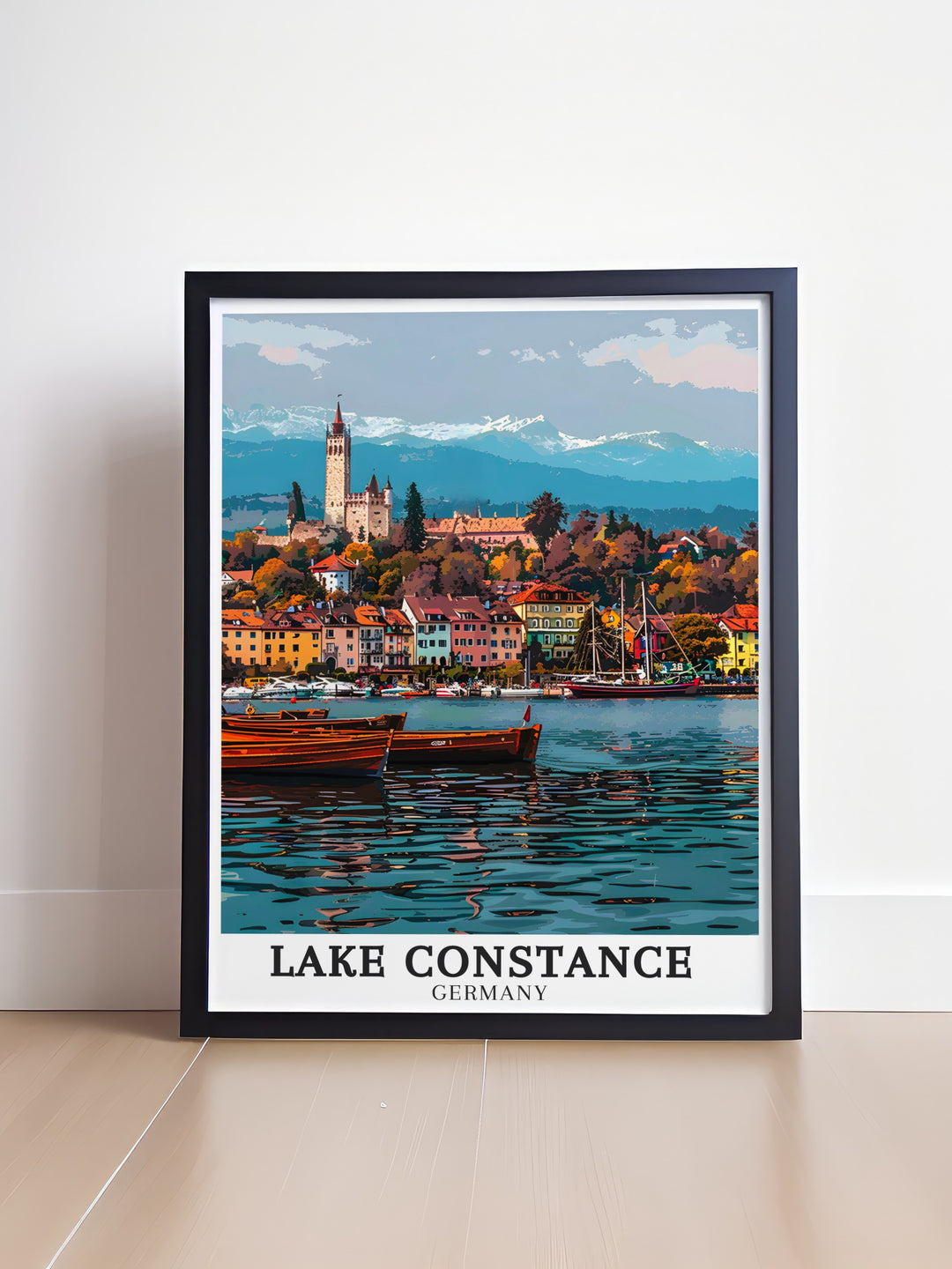 Lake Constance travel wall decor pieces capturing the enchanting scenery of Meersburg Harbour and The Alps. Perfect for those who love Europe lake travel, these wall decorations add a touch of natures beauty to any room. Enjoy the vivid colors and delicate details of Lake Constance through our high quality travel wall art.