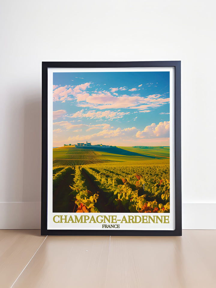Beautiful Montagne de Reims travel poster featuring the picturesque landscapes of Champagne Ardenne. This vintage print is perfect for home decor, bringing the timeless elegance of France into your living space with intricate details and rich colors.