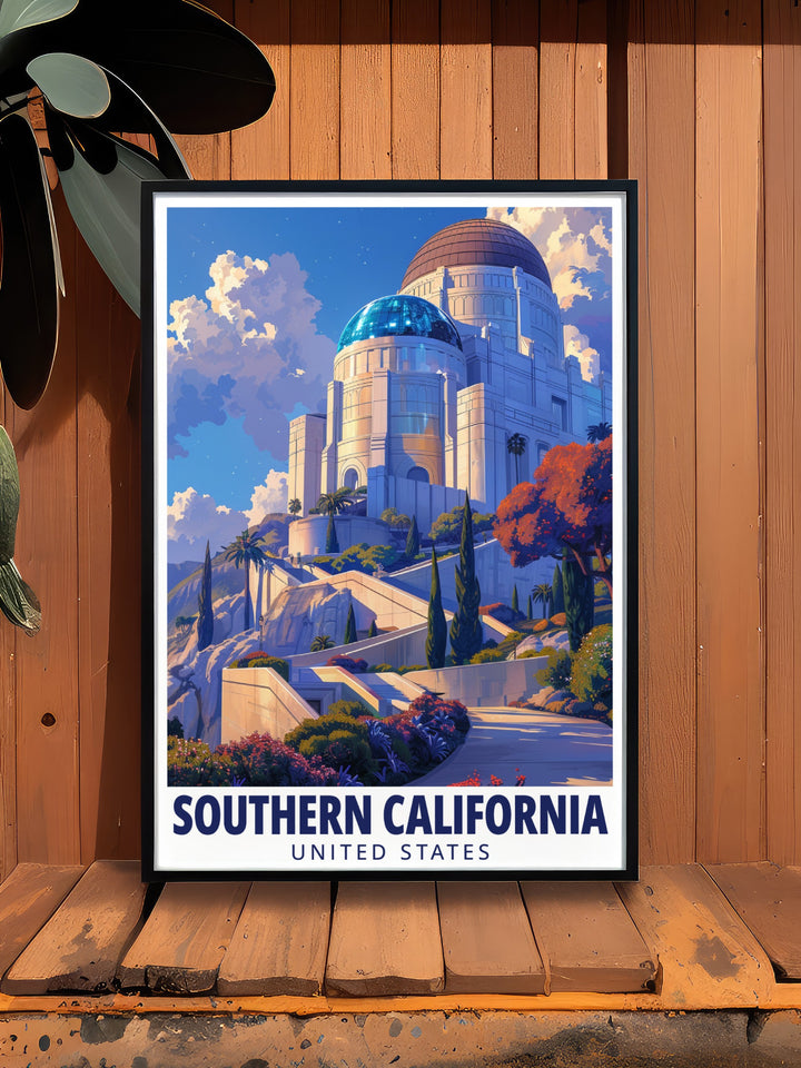 A stunning Southern California poster print showcasing Griffith Observatory and the Los Angeles skyline. This artwork captures the essence of Southern Californias scenic beauty and makes a wonderful gift or addition to your art collection.