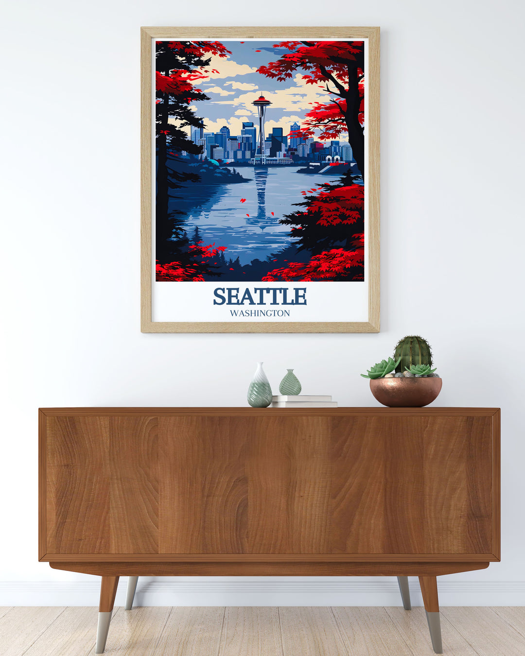 The Summit at Snoqualmie and Seattles Space Needle are beautifully depicted in this poster, celebrating the iconic landmarks and winter sports opportunities from the city to the Cascade Range, ideal for skiing enthusiasts.