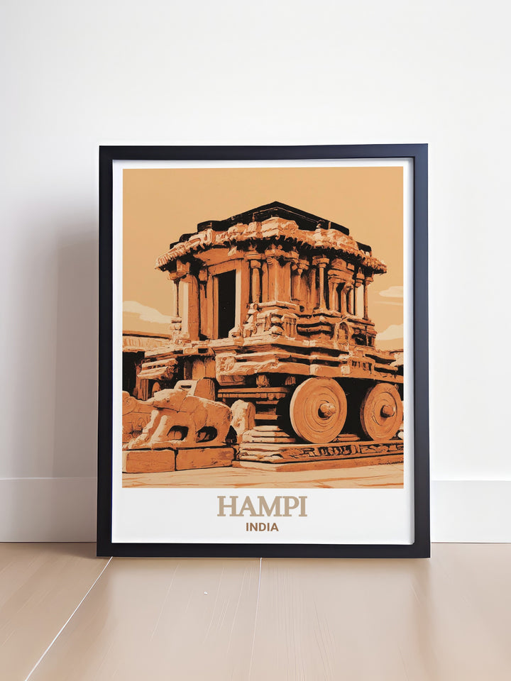 Travel poster of Vijaya Vittala Temple in Hampi, showcasing the serene landscapes and ancient structures. This elegant print captures the timeless beauty of Hampi, making it a perfect gift for history and art enthusiasts.