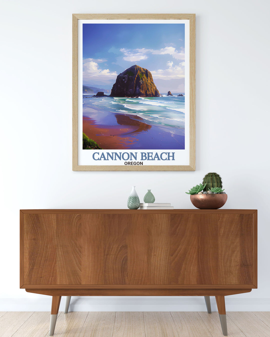 Haystack Rock vintage print featuring nostalgic scenes from Cannon Beach capturing the charm and history of the area perfect for those who love retro and vintage art styles