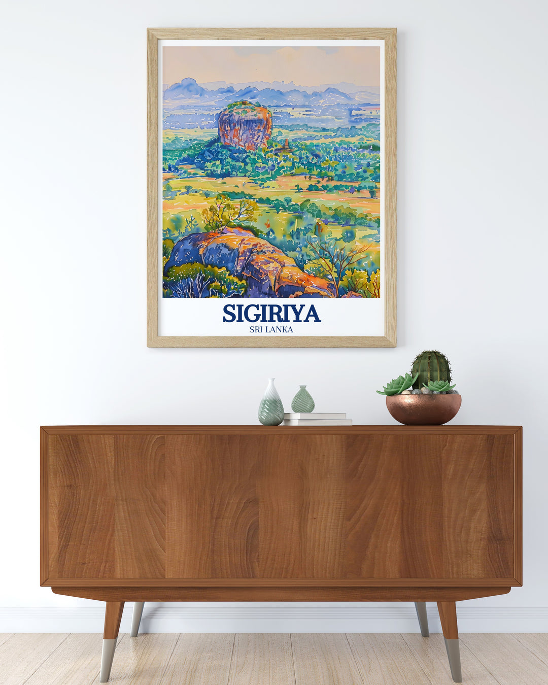 Wall poster of Sigiriya, Sri Lanka, featuring the iconic Lions Rock and the lush gardens that surround it. The print serves as a constant reminder of Sri Lankas rich cultural heritage, perfect for bringing the beauty of this ancient site into your living space.