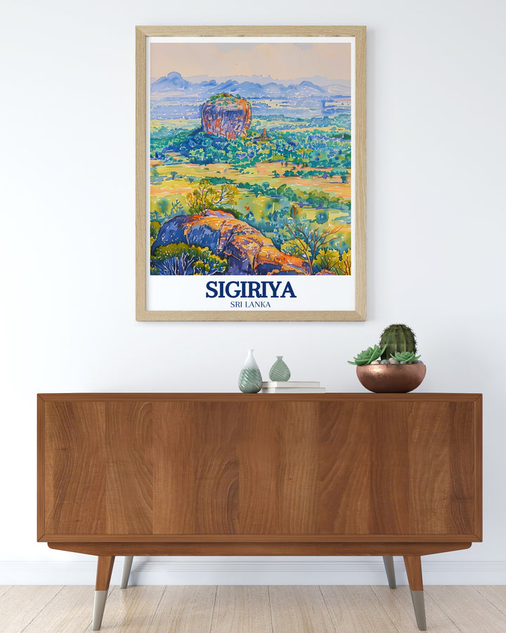 Wall poster of Sigiriya, Sri Lanka, featuring the iconic Lions Rock and the lush gardens that surround it. The print serves as a constant reminder of Sri Lankas rich cultural heritage, perfect for bringing the beauty of this ancient site into your living space.