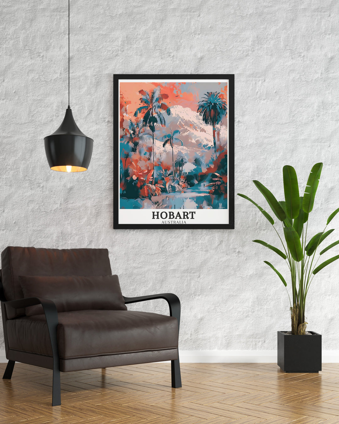 Beautiful Australia print showcasing the Royal Tasmanian Botanical Gardens and Mount Wellington. The artwork captures the essence of Hobarts natural beauty, making it an ideal piece for Australia wall decor or as a thoughtful gift