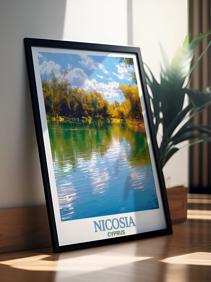 Celebrate Cyprus with this travel print featuring Nicosia and Athalassa Reservoir. Whether youre decorating your home or looking for a special gift, this framed art captures the beauty of both the city and nature, making it a perfect choice for anyone who loves Nicosia.