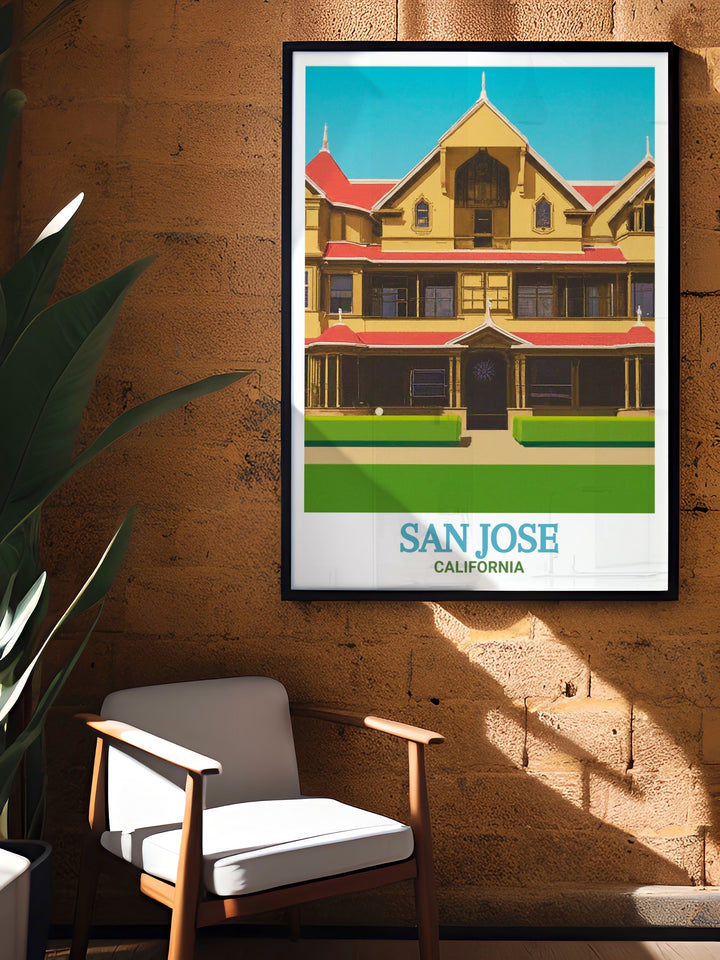 Detailed poster print of the Winchester Mystery House in San Jose, California, showcasing the mansions intricate design and mysterious atmosphere. Perfect for adding a touch of intrigue to your home decor.