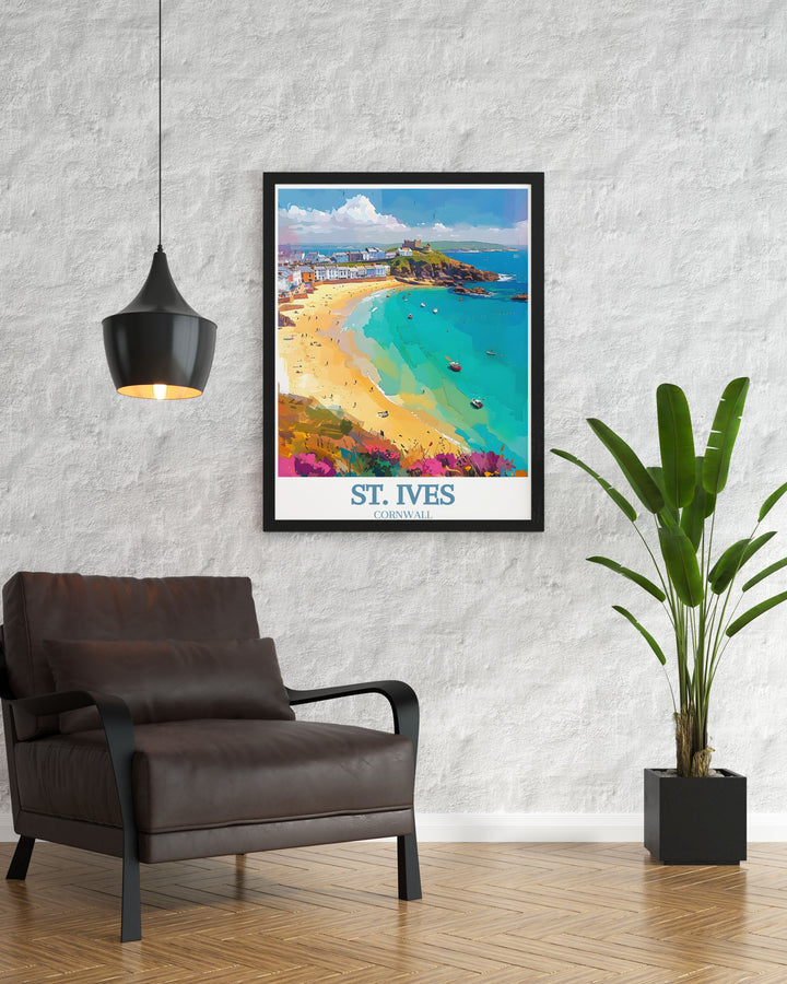 St. Ives and Porthmeor Beach are elegantly illustrated in this poster, highlighting the towns rich history and the beachs stunning scenery.