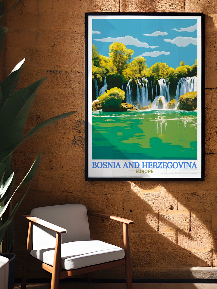 Bosnia and Herzegovina wall art showcases the breathtaking Kravica Waterfalls, with its cascading waters and green surroundings creating a serene and dynamic scene. This travel poster is perfect for those who admire European natural wonders and wish to bring that charm to their decor.