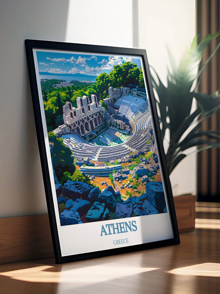 The Theatre of Dionysus under a golden sunset, highlighting the dramatic shadows and architectural details in this poster.