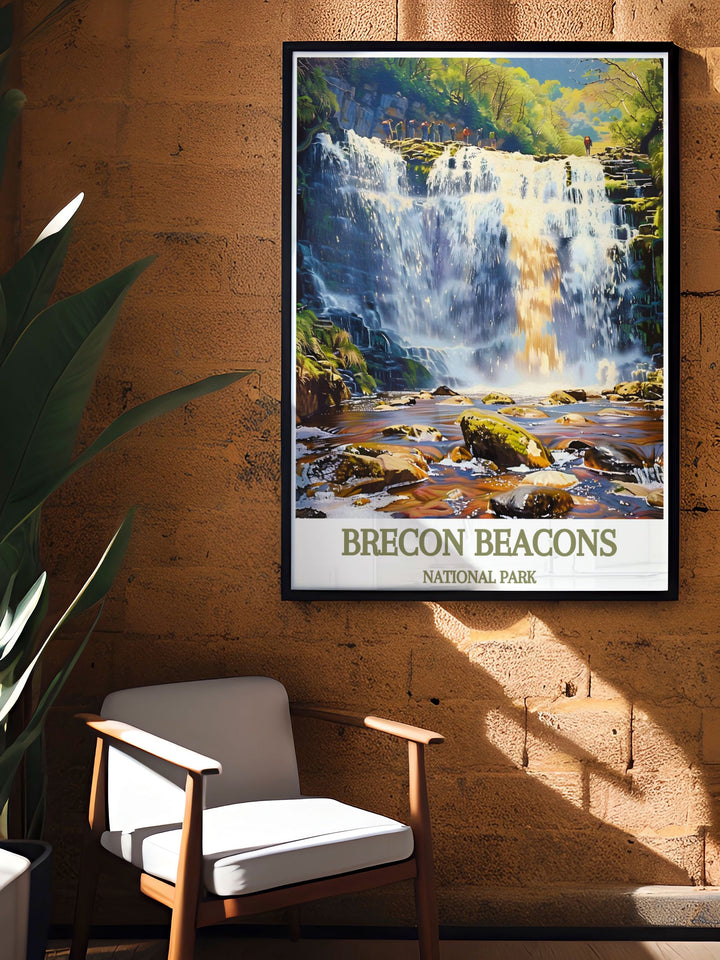 Vibrant poster of Sgwd yr Eira, capturing the dynamic flow of the waterfall and the rich greenery of the Brecon Beacons. This piece brings the natural beauty of South Wales into your home, ideal for enhancing any room with a touch of nature.