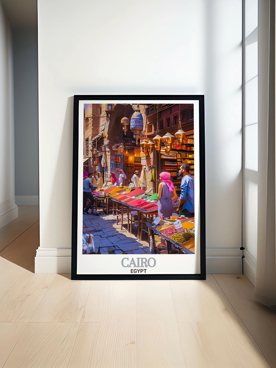 Discover the vibrant atmosphere of Cairo with this stunning Khan El Khalili Bazaar travel poster perfect for adding a touch of Egyptian charm to your home decor ideal for travel enthusiasts and lovers of vintage posters alike