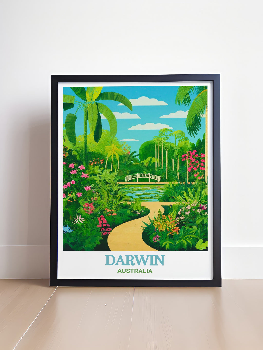 Australia travel poster featuring the George Brown Darwin Botanic Gardens, a peaceful retreat in the bustling city of Darwin. This print captures the lush greenery and serene ambiance of the gardens, making it a perfect addition to any nature themed decor.