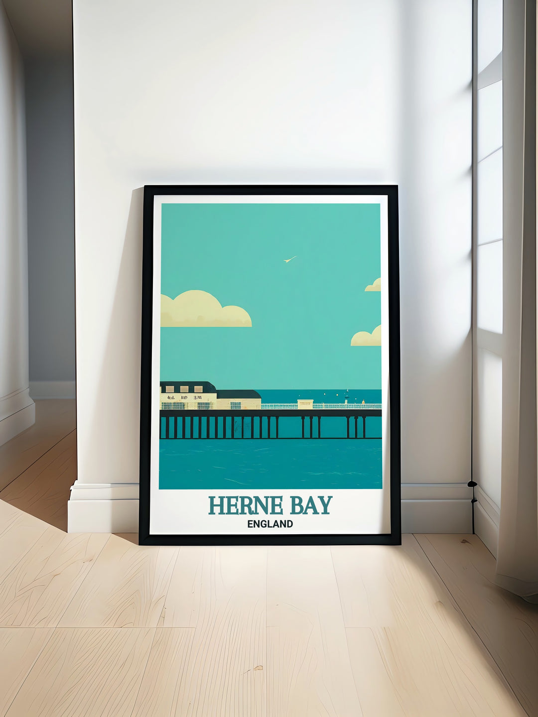 Bring the charm of the Kent coast into your home with this Herne Bay travel poster featuring the iconic pier. A great gift for those who love seaside destinations or as a piece to enhance your coastal décor.