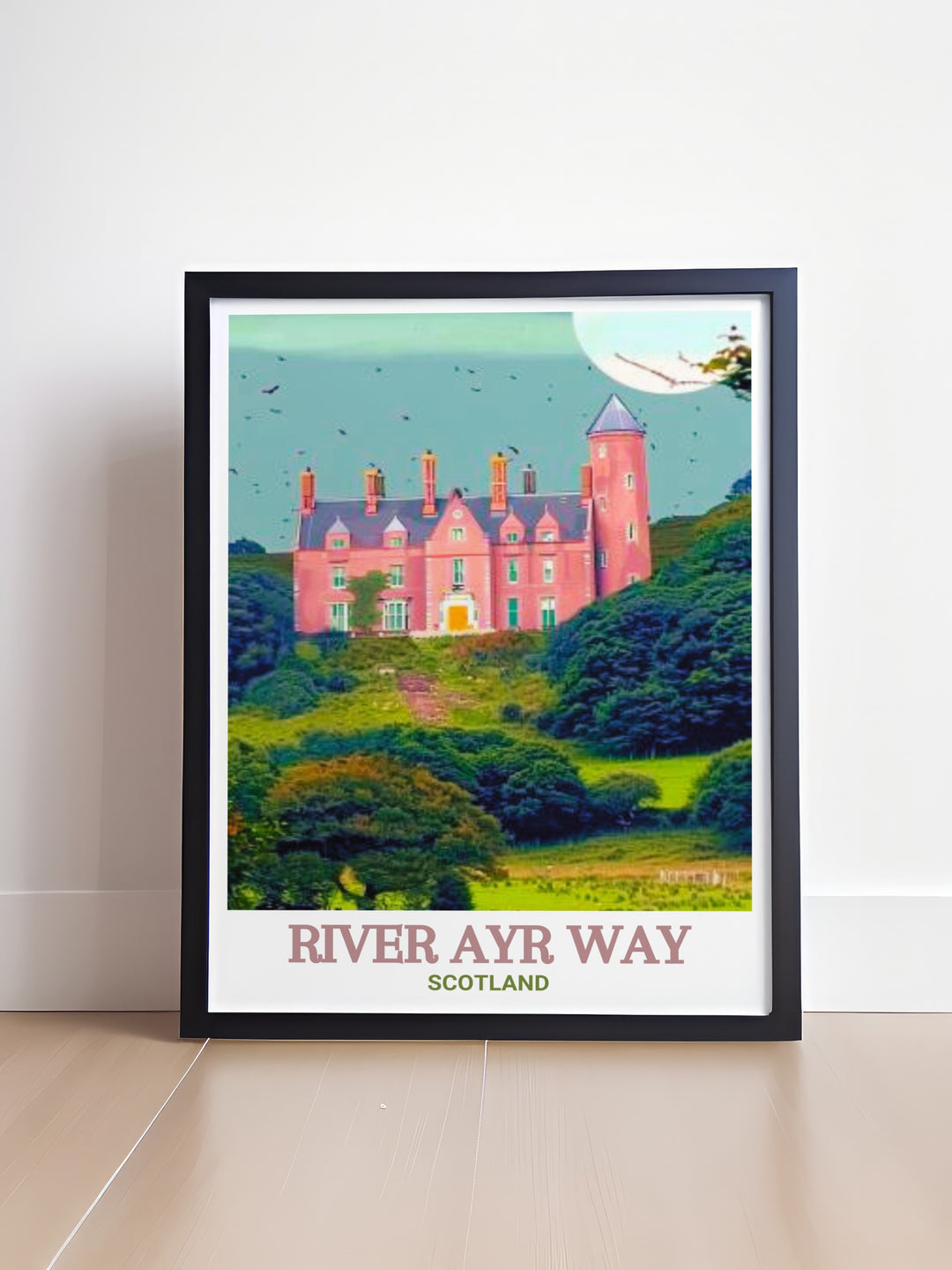 Sorn Castle art print featuring the majestic architecture and lush surroundings of Sorn Castle. This detailed artwork highlights the unique features and historical significance, ideal for adding a touch of history to any room.