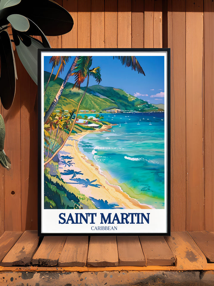 Detailed poster print of Saint Martins Cul de Sac Bay, showcasing the calming waters and natural beauty of the Caribbean. This vibrant travel print makes a perfect addition to any beach inspired home décor, bringing the essence of the tropics into your space.