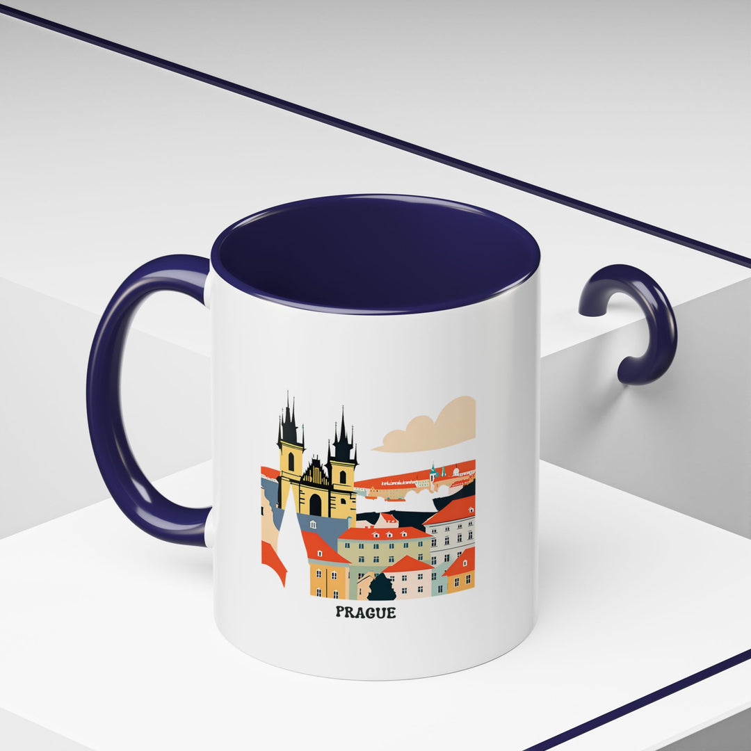 A Prague Mug designed with iconic imagery from Prague Castle and Charles Bridge. It is microwave-safe and dishwasher-safe, making it a durable and artistic option for gifting or personal use.