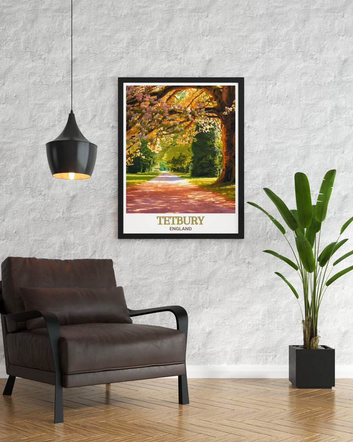 Tetbury travel poster featuring the historic charm of Tetbury and the natural beauty of Westonbirt Arboretum, bringing the English countryside to your home decor. A perfect piece for any room.