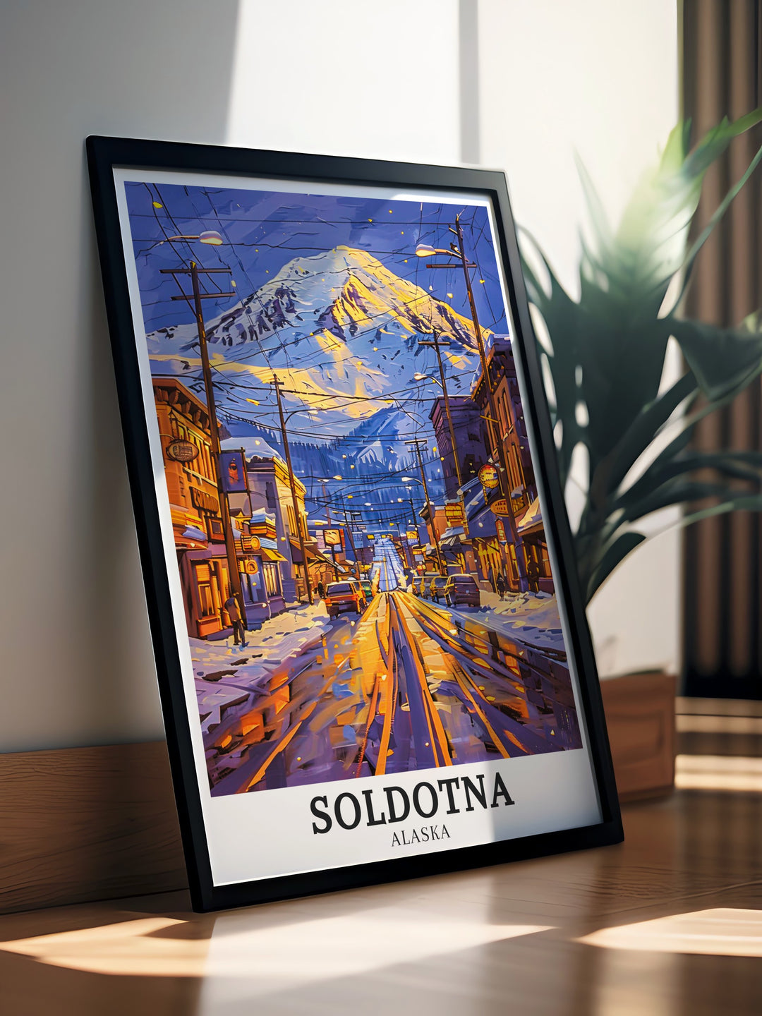 Stunning Soldotna travel print featuring the majestic Mt. Redoubt Volcano and the charming town of Soldotna. This artwork brings Alaskas wild beauty into your home, making it a perfect addition for nature enthusiasts