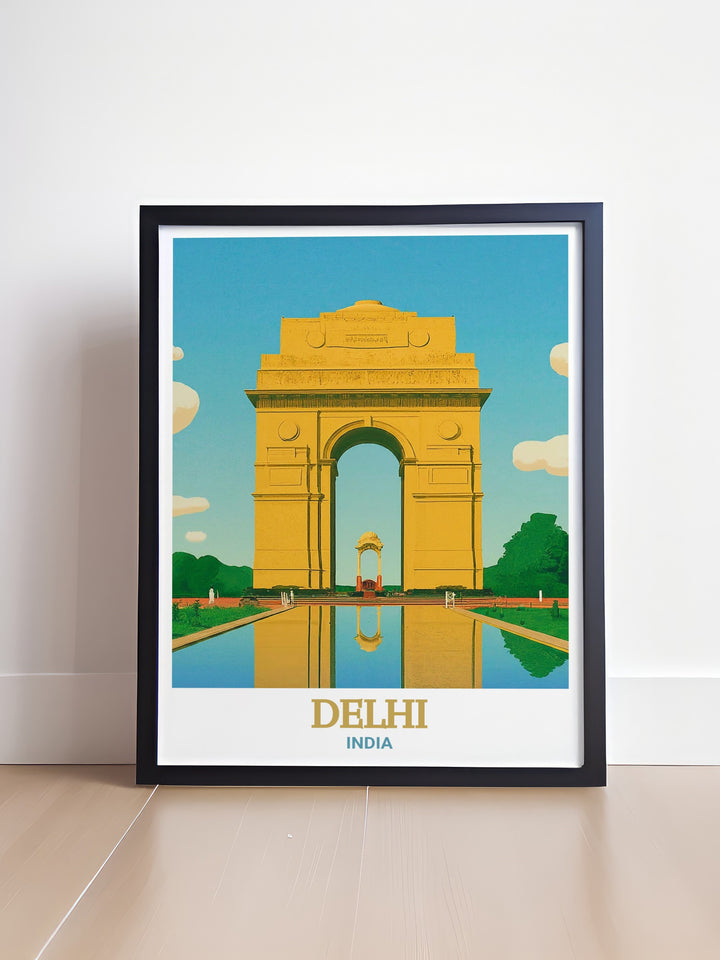 Vibrant Delhi wall art featuring India Gate captures the essence of the city perfect for home decor traveler gifts and special occasions like anniversaries and birthdays.