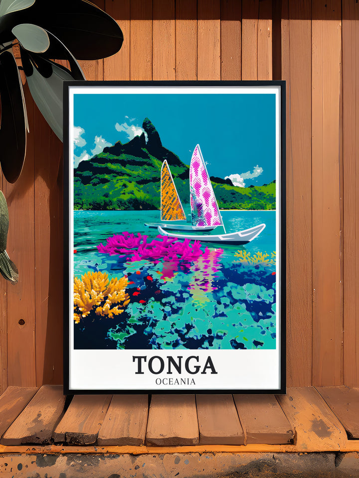 Coral reef artwork showcasing Tongan vaa canoes offers a unique and captivating addition to your living room or office decor